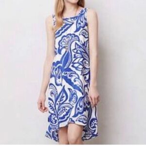 Anthropologie Leifsdottir Blue White Silk Bird Print High Low Hem Dress 6